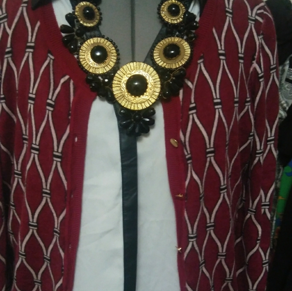 Talbots Red Print Cardigan